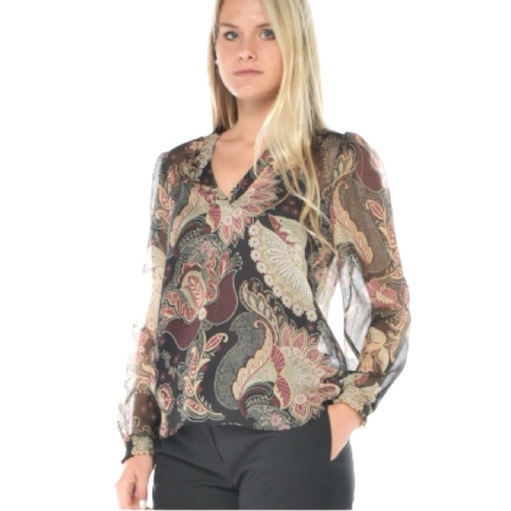 Twinset Indian Flower Sheer Tissue Faille V Neck Blouse + Silk Cami